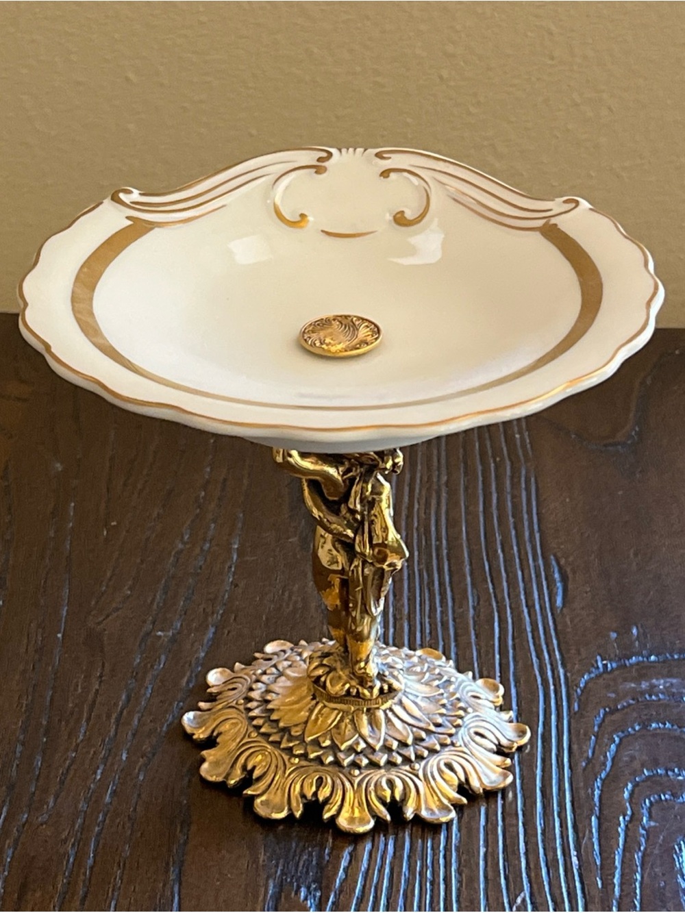 Ornate Gold Gilded Compote with Cream Porcelain Bowl